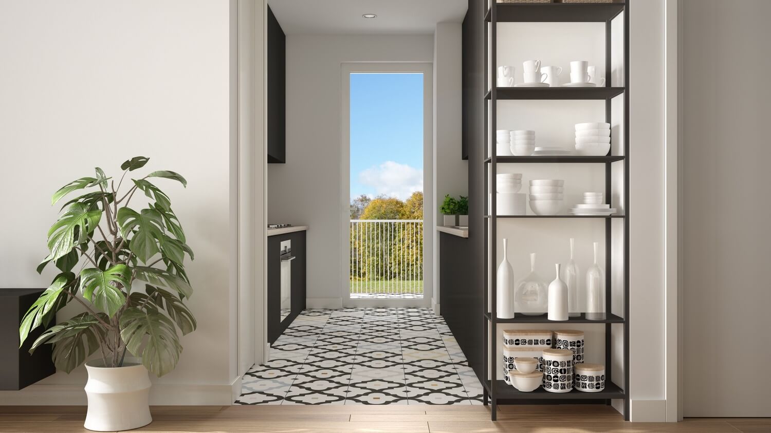 kitchen/livingroom combo. Door open to a balcony.
