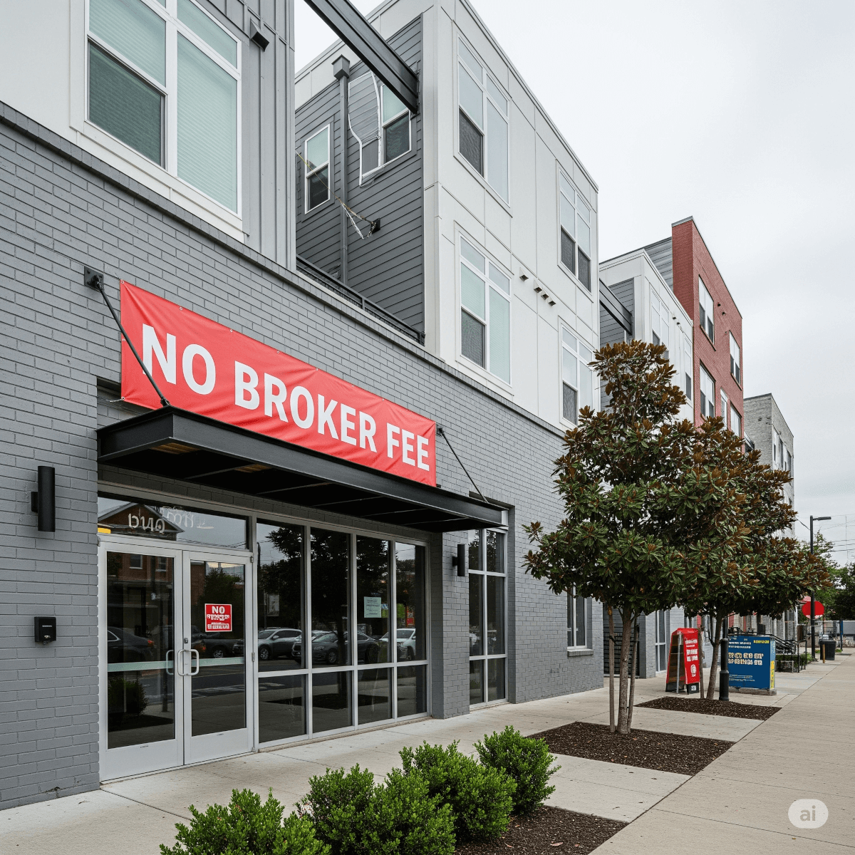 No brokers fee banner on a building. Image by Gemini