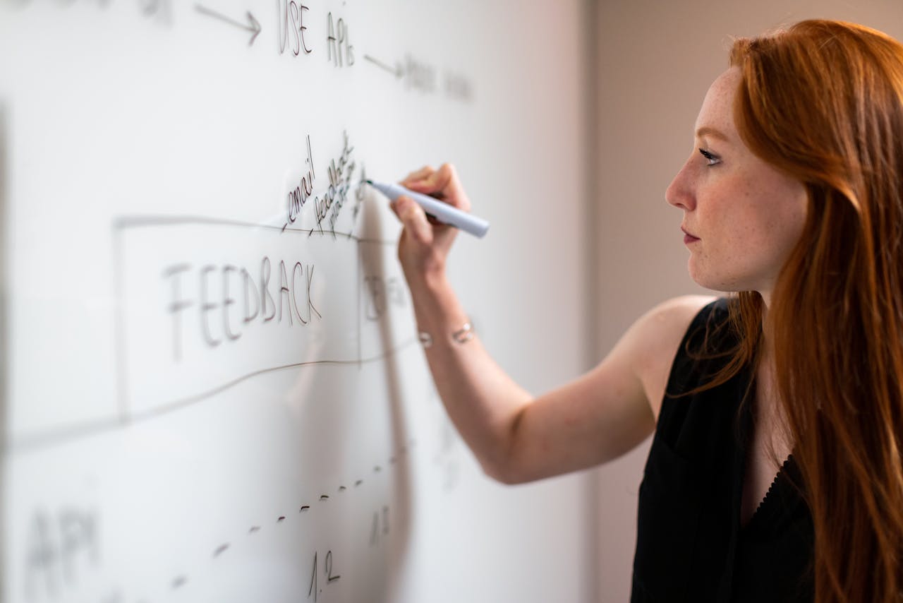 Person in black clothing writing on a whiteboard. Image by Pexels