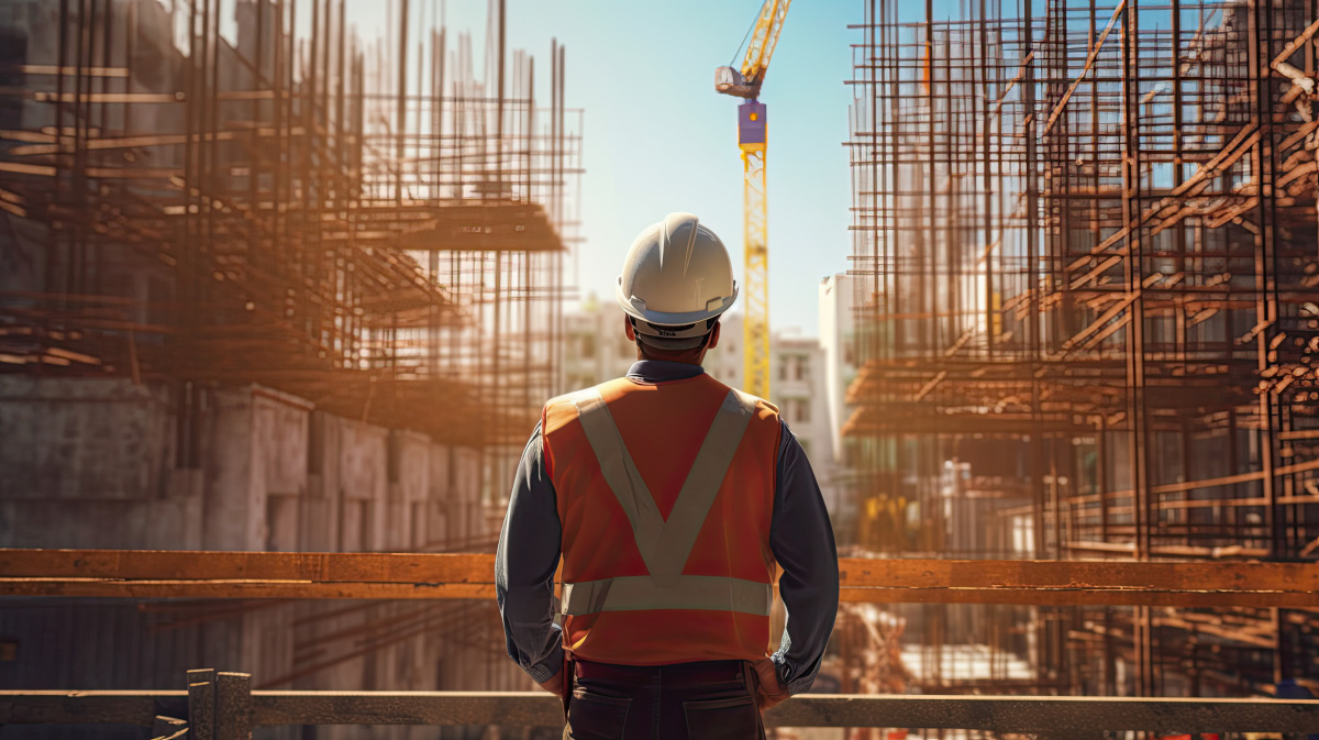 Person in an orange vest and a white hard hat