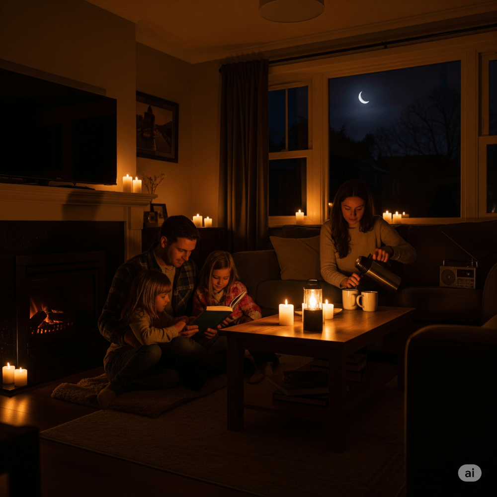 A family in a dark room with lots of candles lit. Image by Gemini