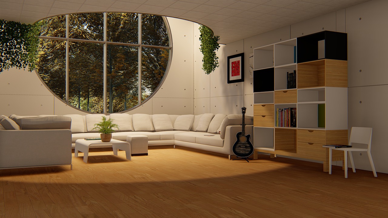 Round window, livingroom sofa set. Image by Pixabay