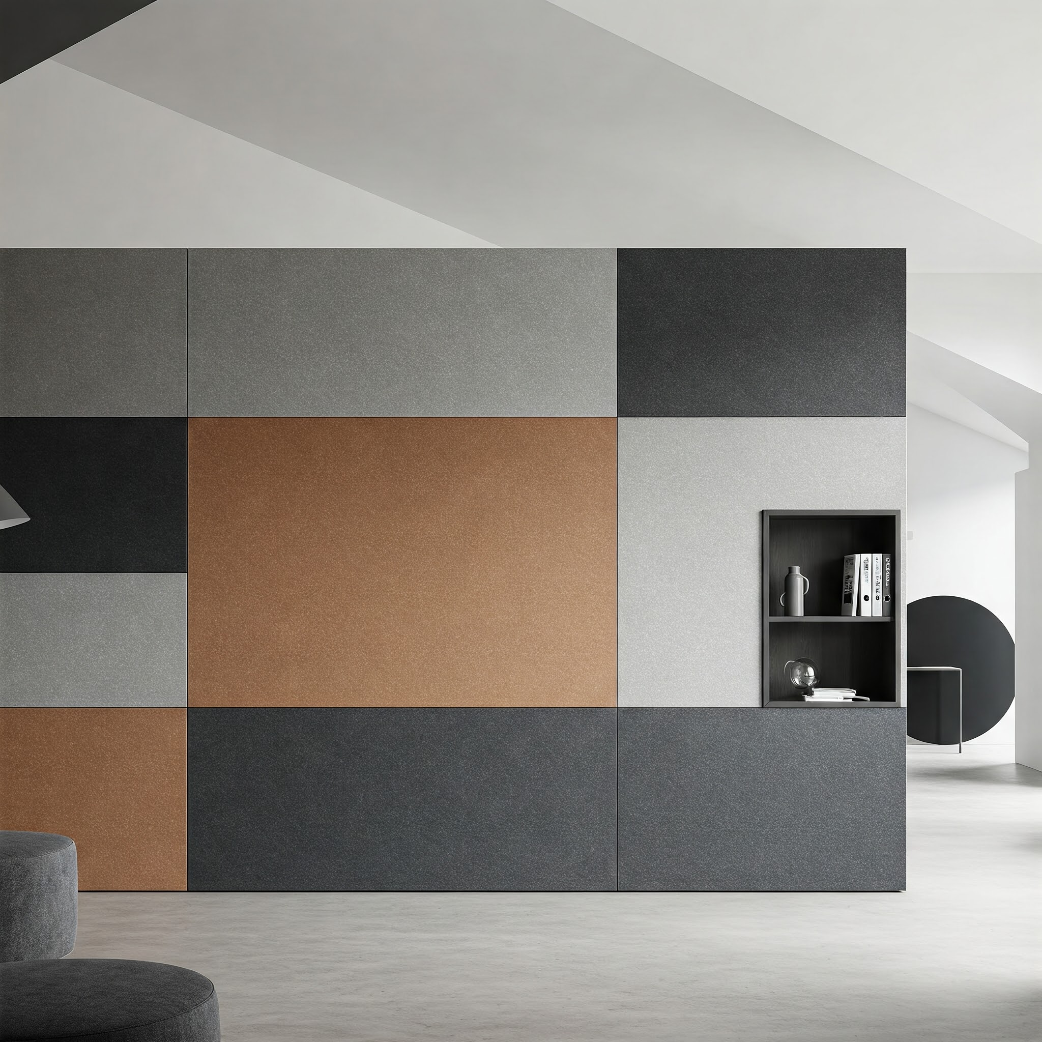 versatile modular wall design, highlighting functionality, adaptability, and aesthetic appeal. It features a variety of interchangeable panels in different textures and colors, emphasizing the system's flexibility and modern design. Image by Gemini