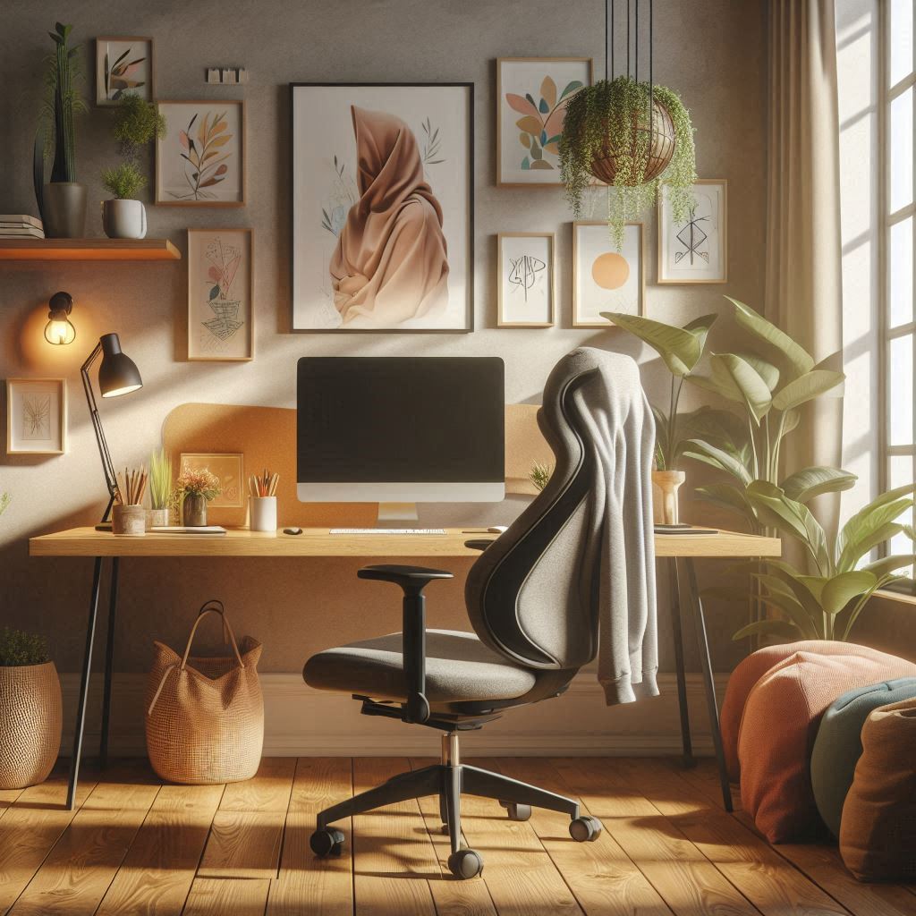 An inviting home office workspace featuring a comfortable ergonomic chair, a stylish wooden desk, and large windows allowing natural light to flood the room. Decorate the space with plants, personal artwork on the walls, and cozy elements like colorful cushions and a soft hoodie draped over the chair. Include warm lighting for an inspiring atmosphere that promotes productivity. Image created with Microsoft Designer