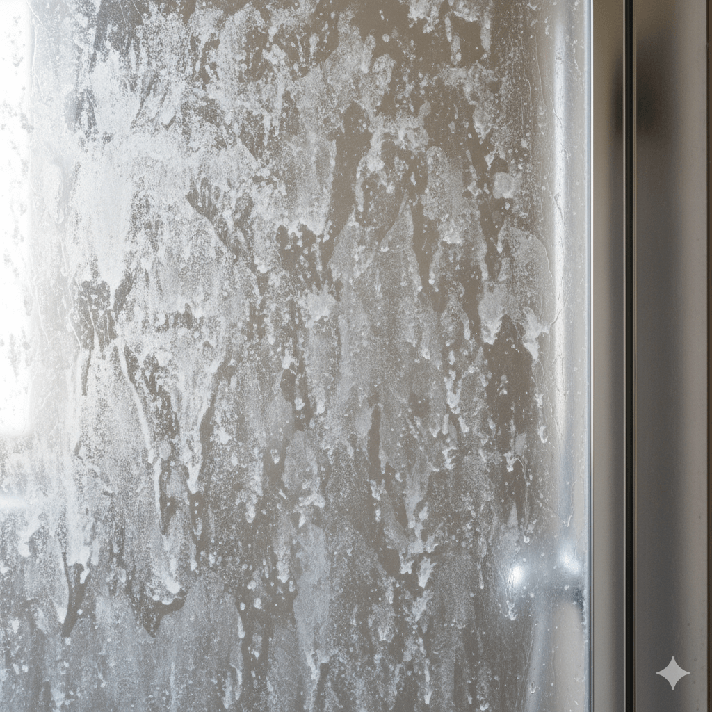 Shower with calcium buidup on the glassdoor. Iamge by Gemini