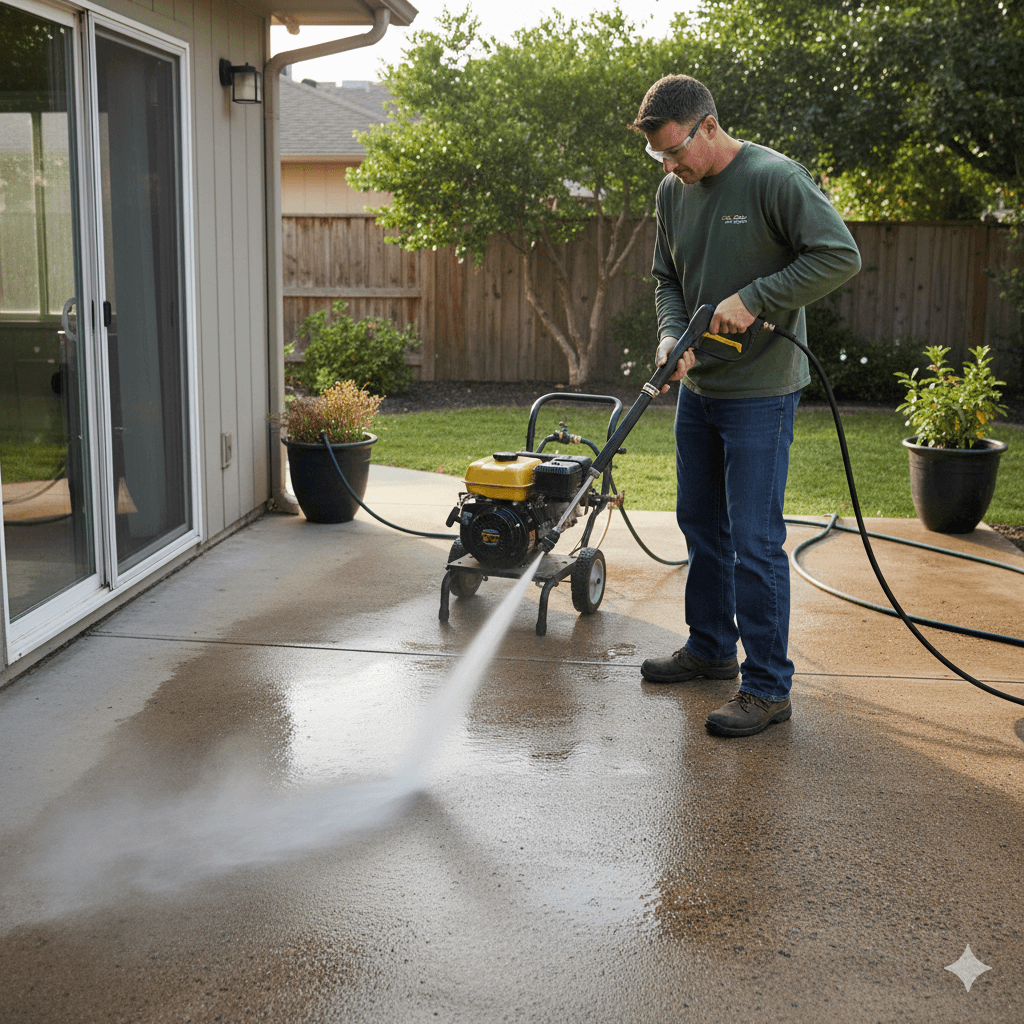 Person with a pressure washer. Image by Gemini