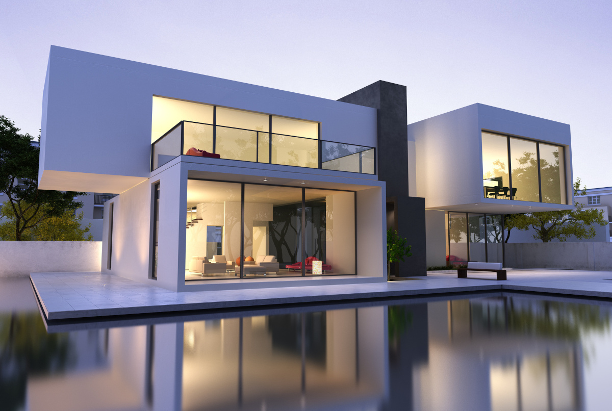 Modern white house, large windows, pool