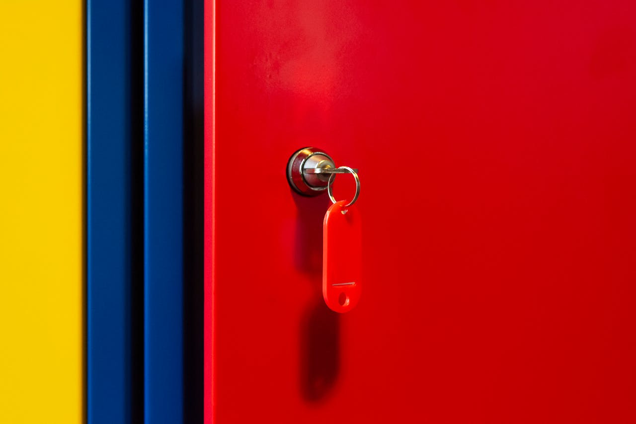 Colorful locker with key in bright red door. Image by Pexels