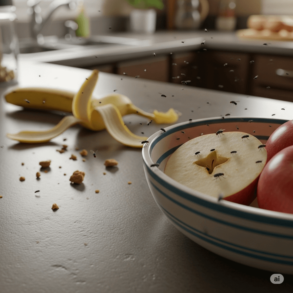 Fruit flies, peeled banana, kitchen counter. Image by Gemini