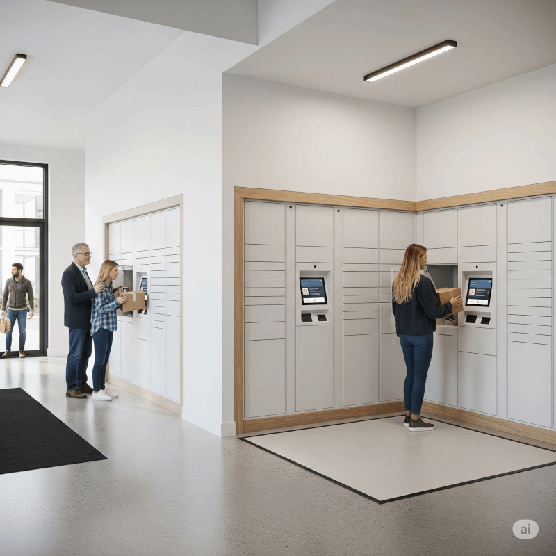 Modern, sleek apartment building lobby. The lobby is clean and well-lit, with a designated mailroom area that features smart lockers and a digital display screen. Image by Gemini