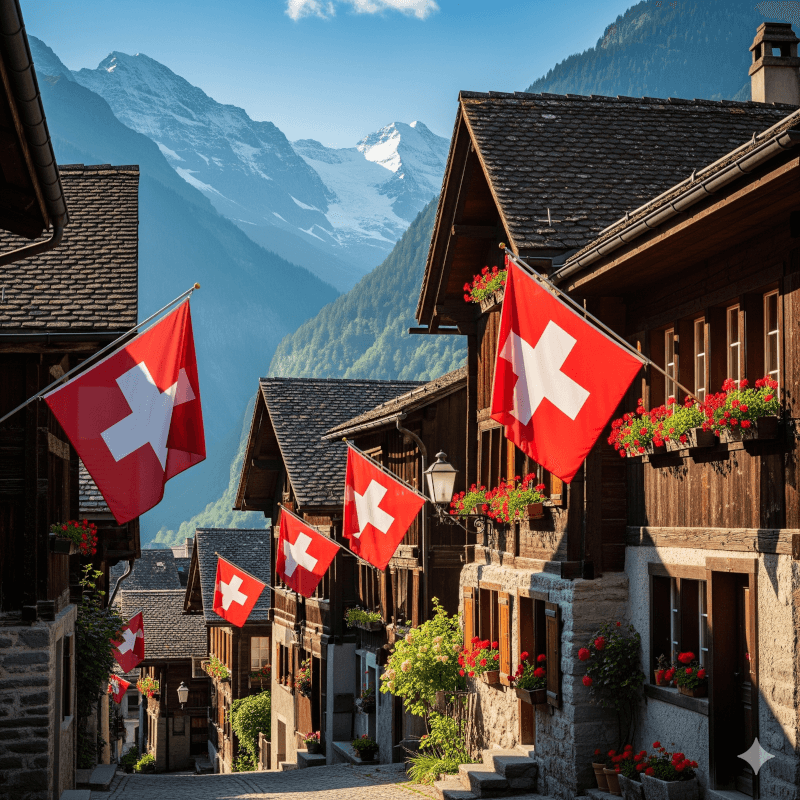 Swiss flags hanging from buildings. Image by Gemini