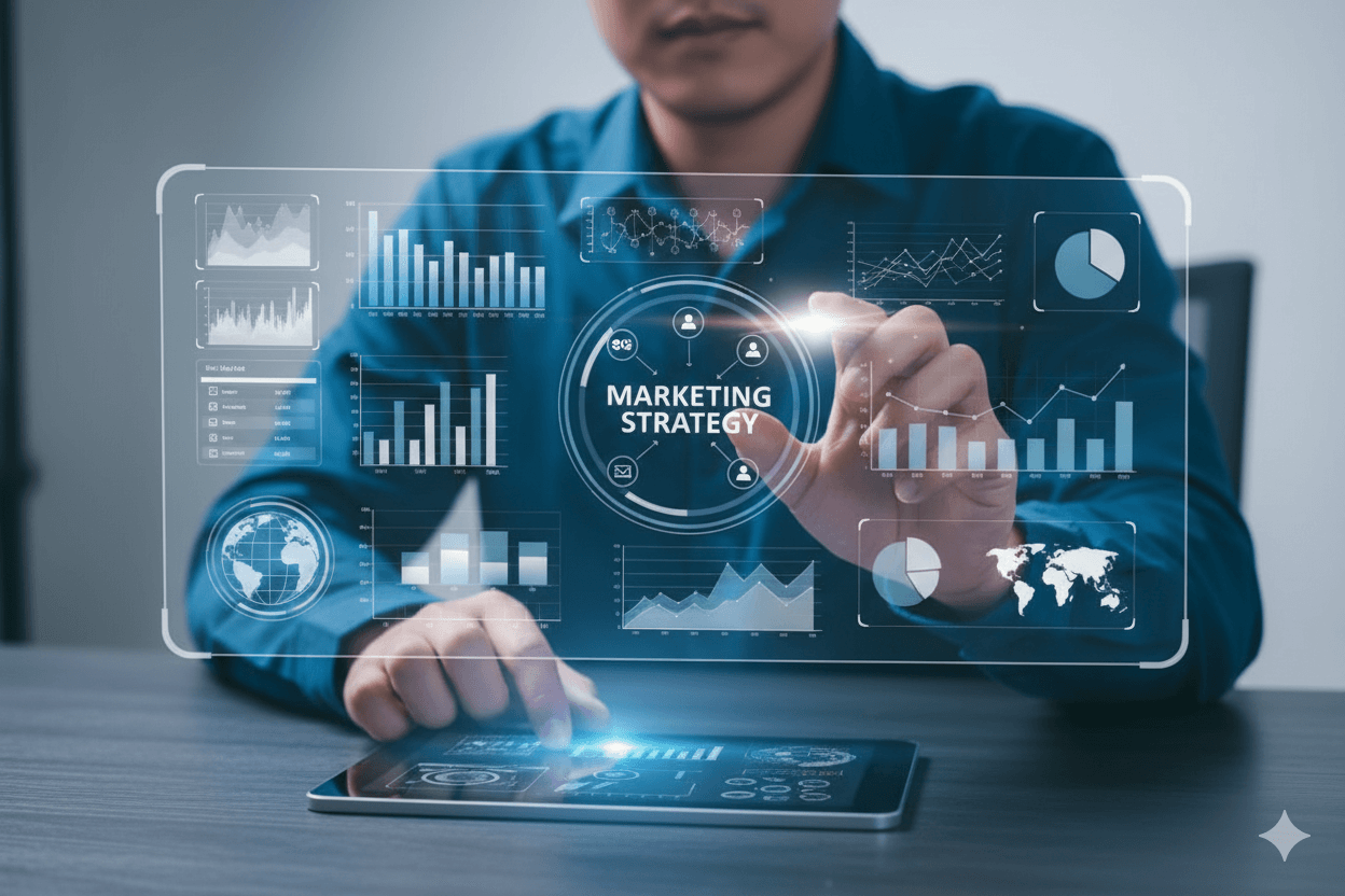 Man in a professional setting, interacting with a futuristic, holographic user interface that is superimposed in front of him. Image by Gemini