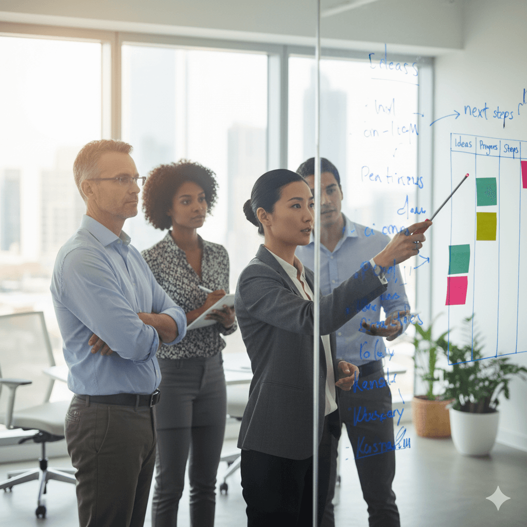 A businesswoman leads a collaborative brainstorming session by writing on a transparent board while her attentive colleagues watch in a bright, modern office. Image by Gemini