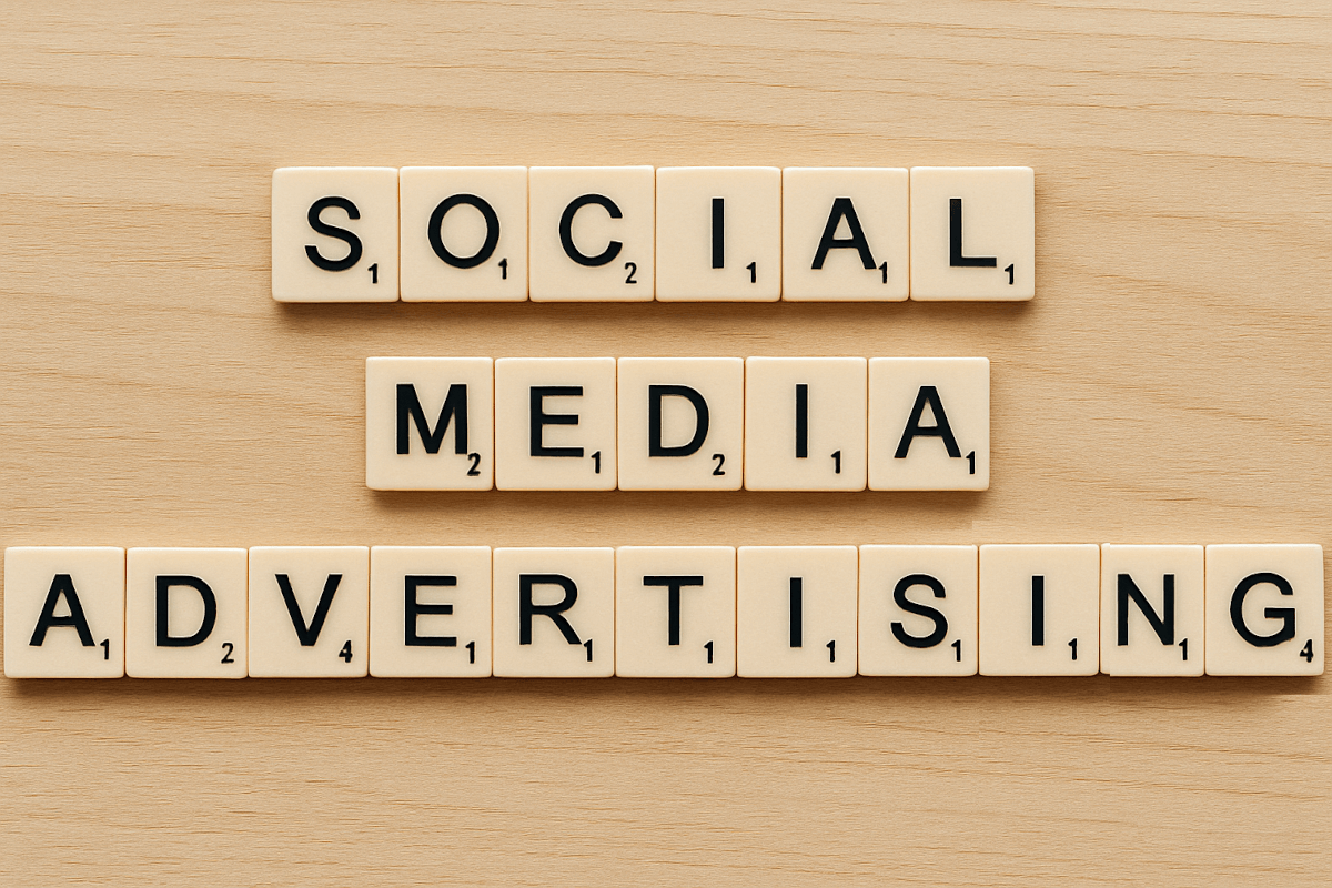 The words SOCIAL MEDIA ADVERTISING written with Scrabble tiles. Image by ChatGPT