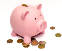 Piggy bank and coins