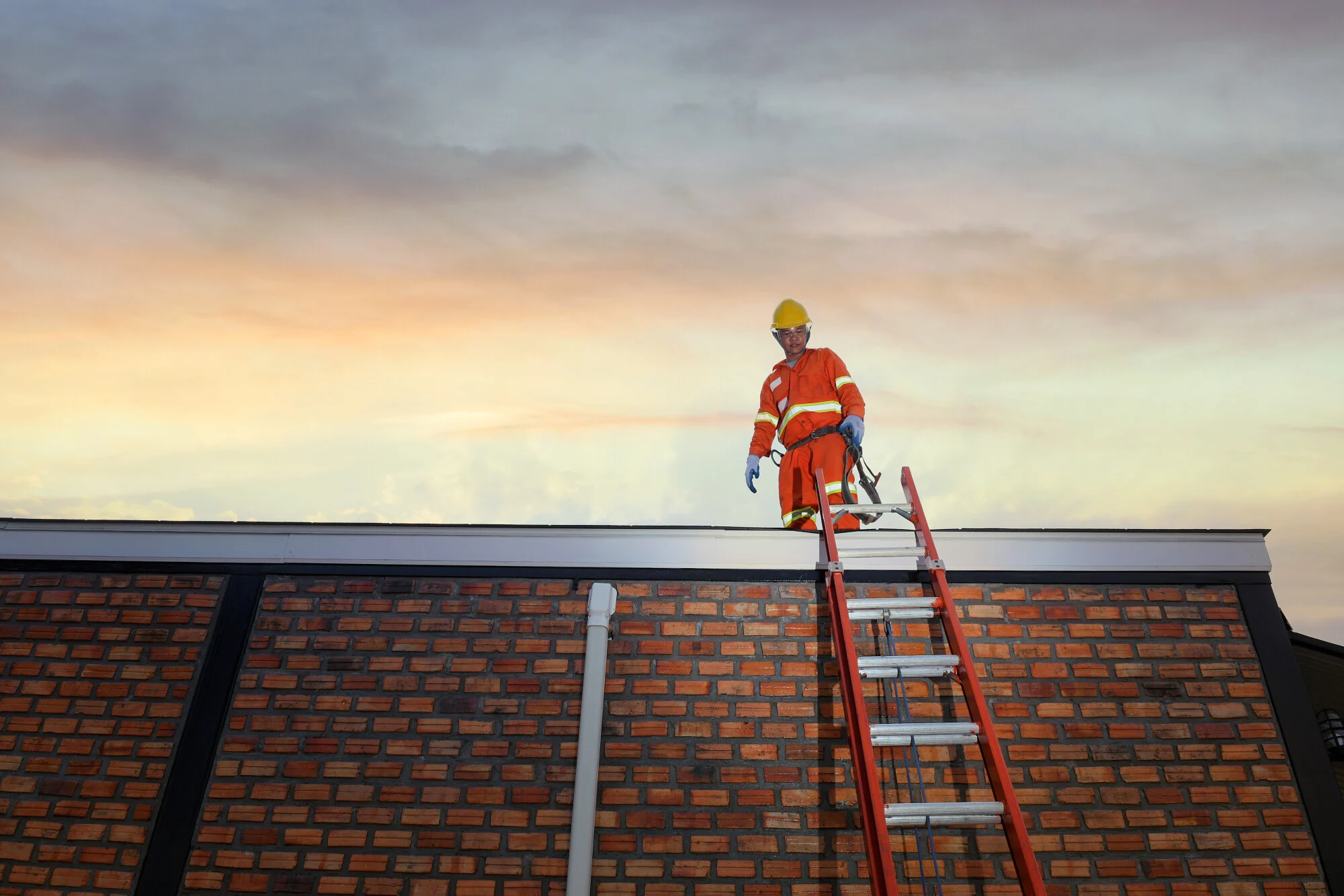 Person on a roof, ladder leaning against a brick building