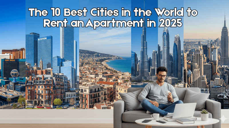 person sitting on a sofa, different cities in the background