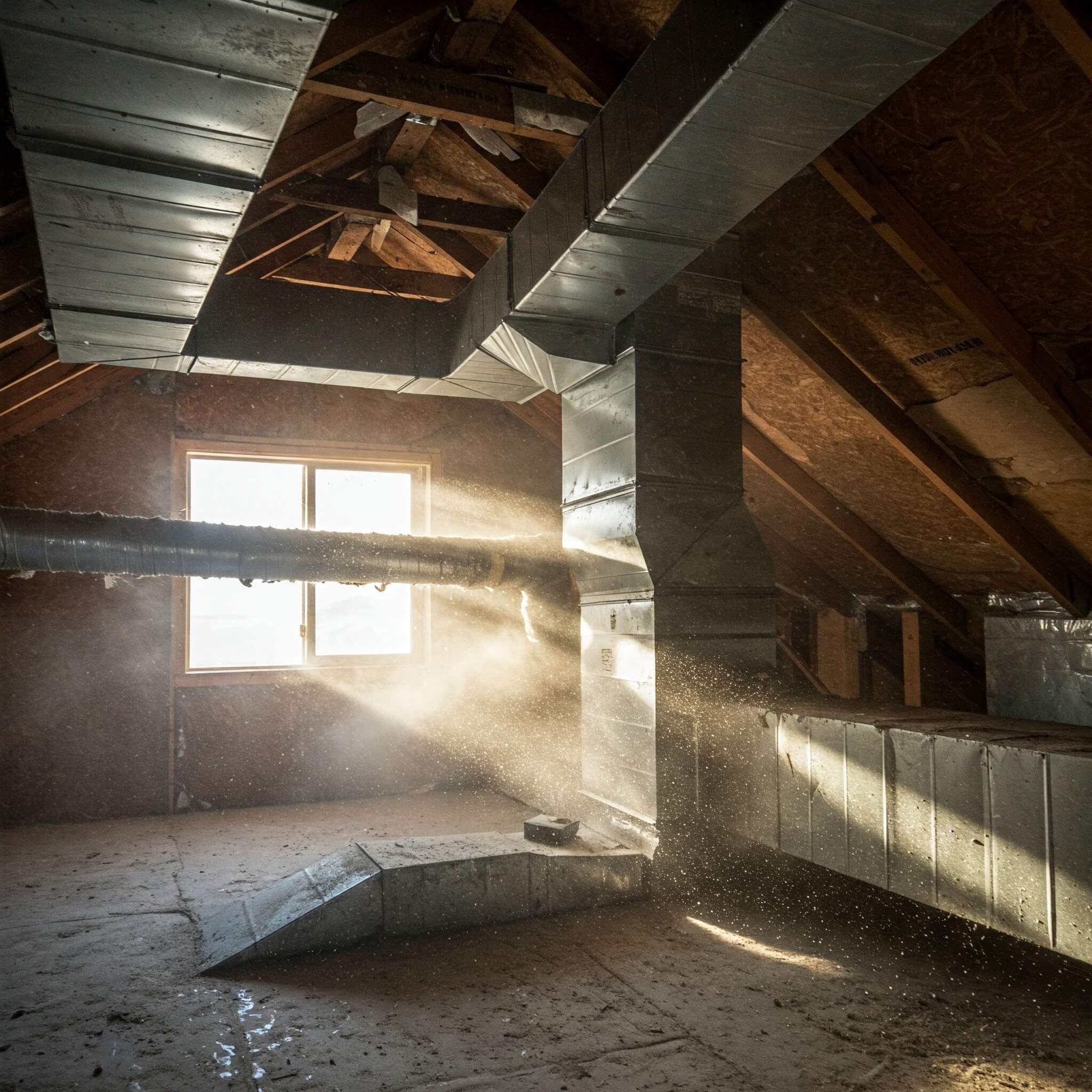 Air ducts on an attic, lots of dust in the air. Image by Gemini