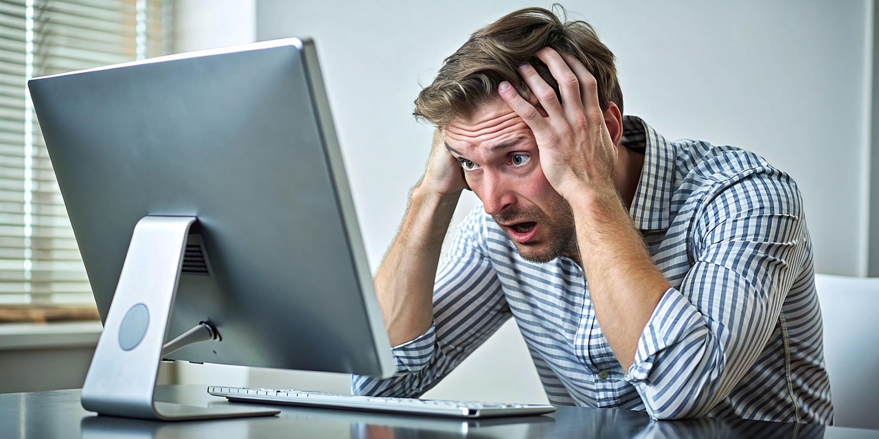 Frustrated person in fron of a computer. Image by Pixabay