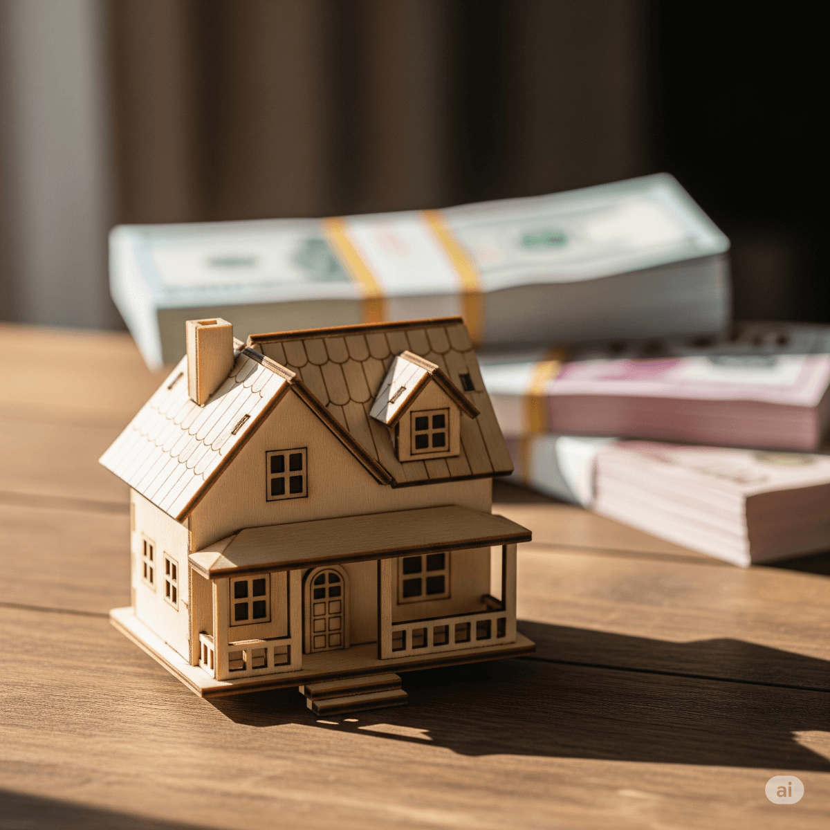 wooden house on a table with cash in the background. Image by Gemini