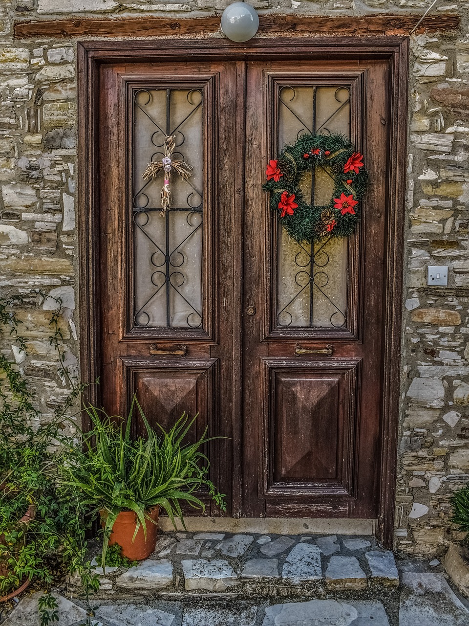 brown front door with glass panels