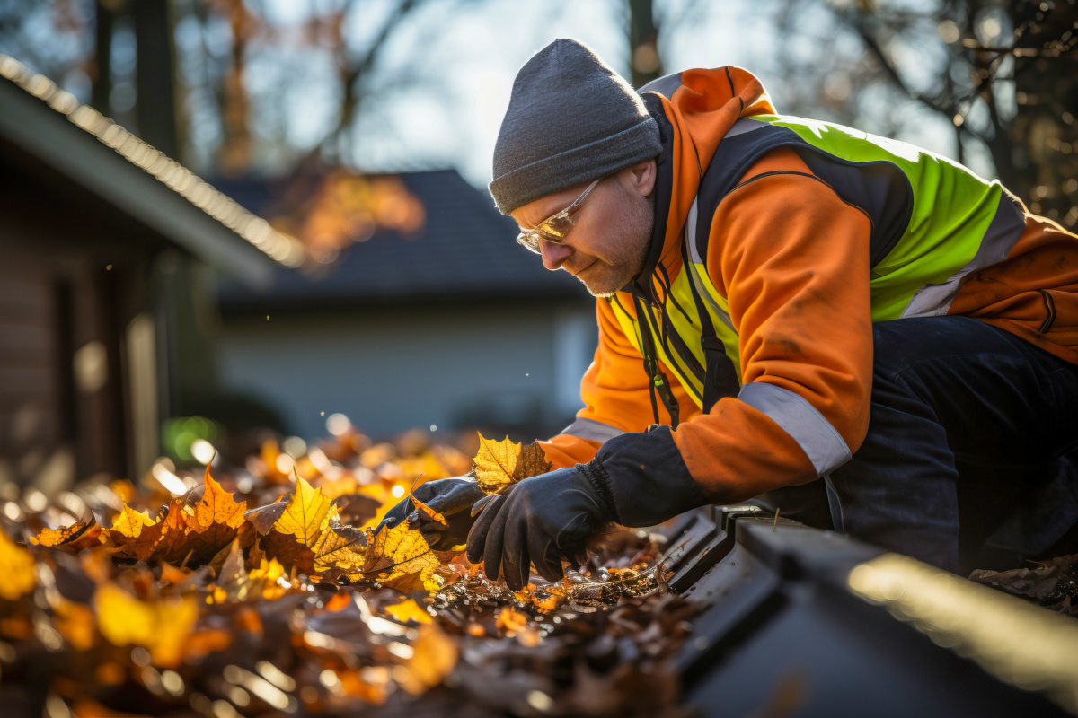 person cleaning gutters
